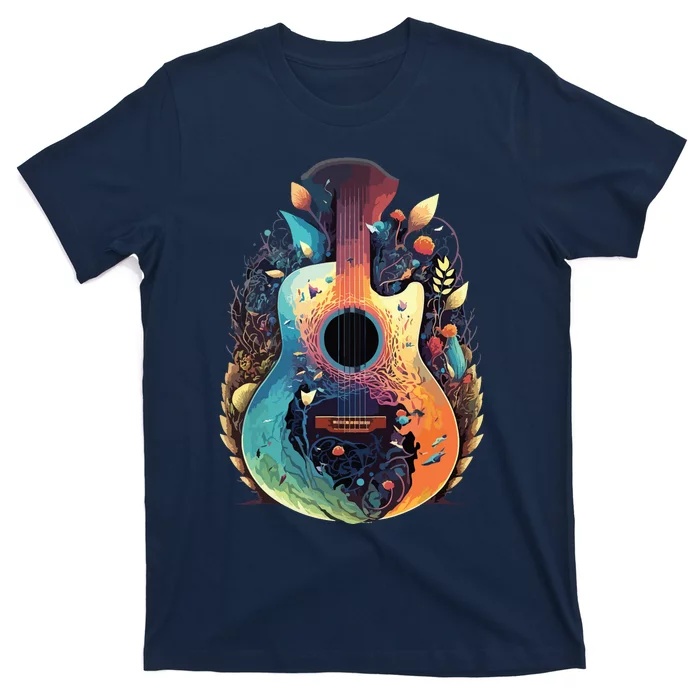 Guitar Graphic Music Lover Acoustic Guitar Musician Floral T-Shirt