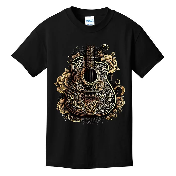 Guitar Graphic Music Lover Acoustic Guitar Musician Floral Kids T-Shirt