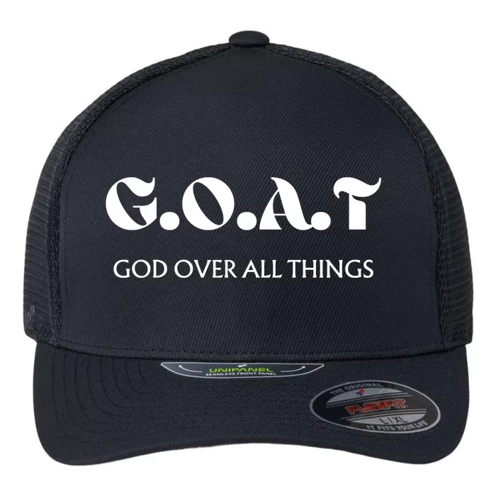 G.O.A.T God Over All Thing Black And White Flexfit Unipanel Trucker Cap