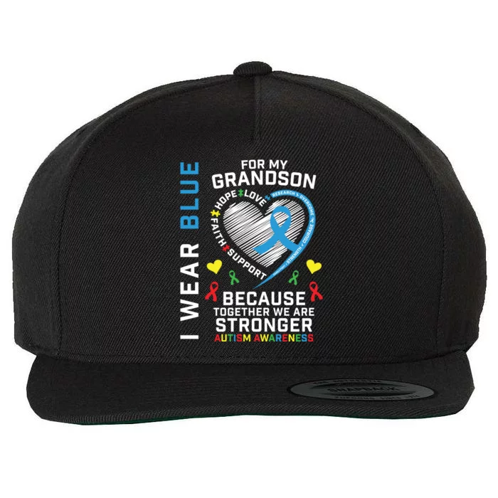 Grandma Grandpa Puzzle Heart I Wear Blue For Grandson Autism Gift Wool Snapback Cap