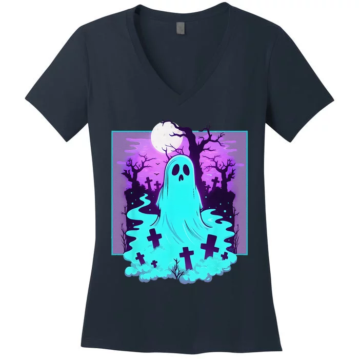 Ghost Graveyard Pastel Goth Cute Spooky Halloween Aesthetic Women's V-Neck T-Shirt