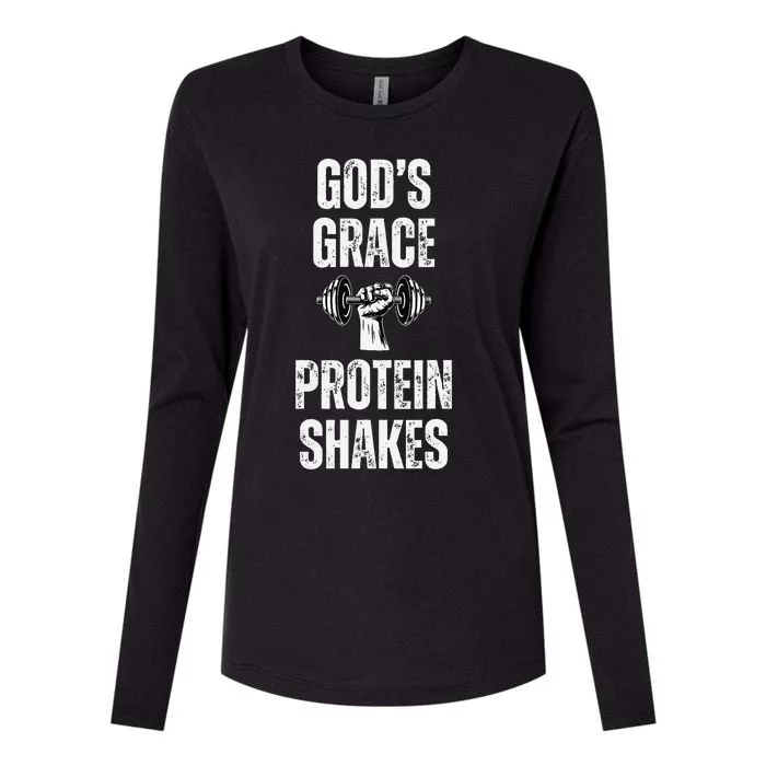 GodS Grace Protein Shakes Dumbbell Christian Workout Gym Womens Cotton Relaxed Long Sleeve T-Shirt