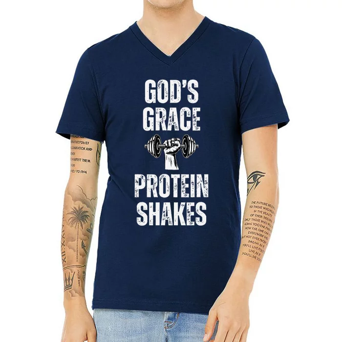 GodS Grace Protein Shakes Dumbbell Christian Workout Gym V-Neck T-Shirt