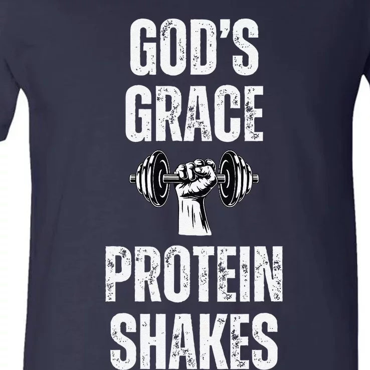 GodS Grace Protein Shakes Dumbbell Christian Workout Gym V-Neck T-Shirt