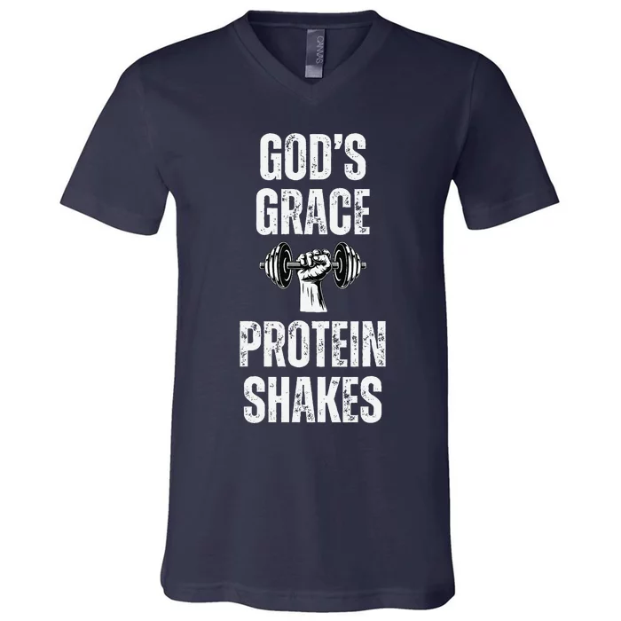 GodS Grace Protein Shakes Dumbbell Christian Workout Gym V-Neck T-Shirt