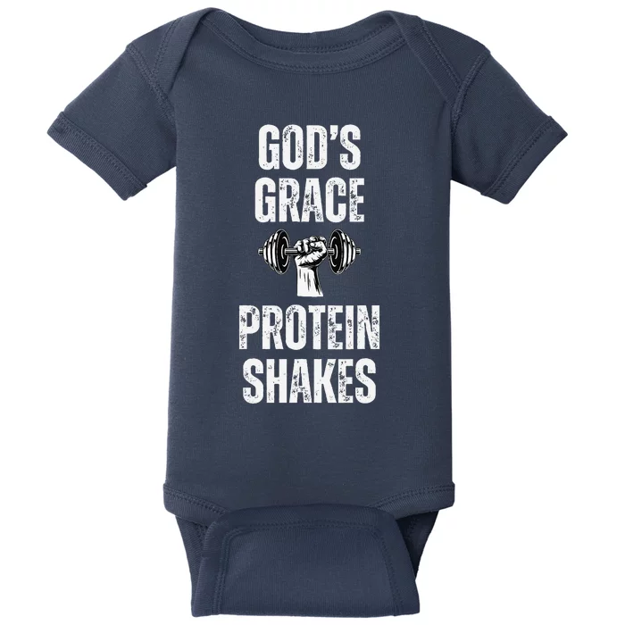 GodS Grace Protein Shakes Dumbbell Christian Workout Gym Baby Bodysuit