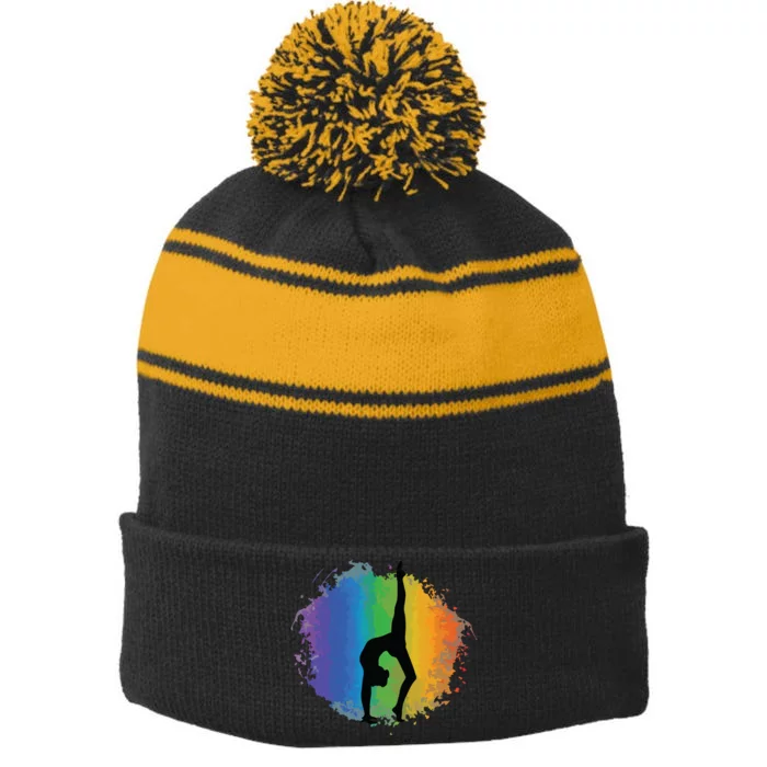 Girl Gymnastics Rainbow Colors Acrobatic Acro Gymnast Stripe Pom Pom Beanie