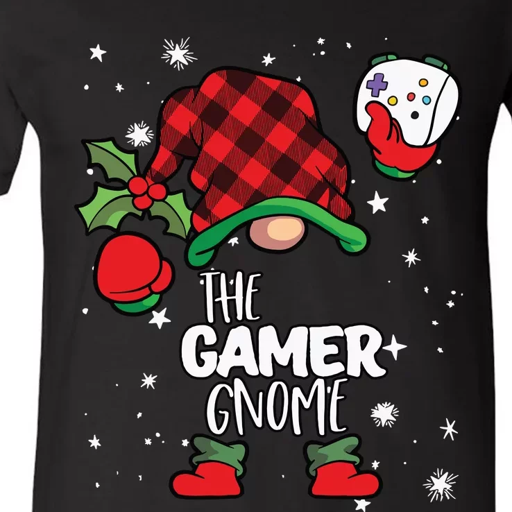 Gamer Gnome Red Buffalo Plaid Matching Family Christmas V-Neck T-Shirt