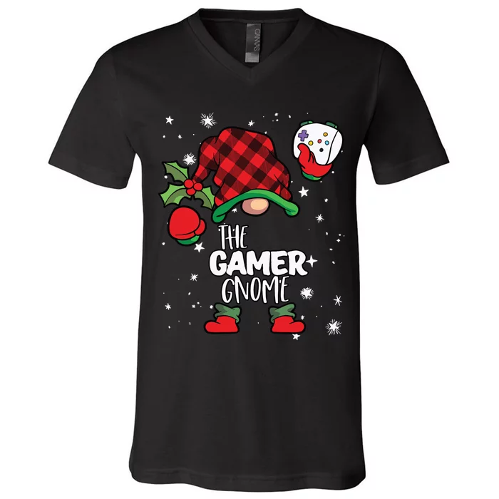 Gamer Gnome Red Buffalo Plaid Matching Family Christmas V-Neck T-Shirt