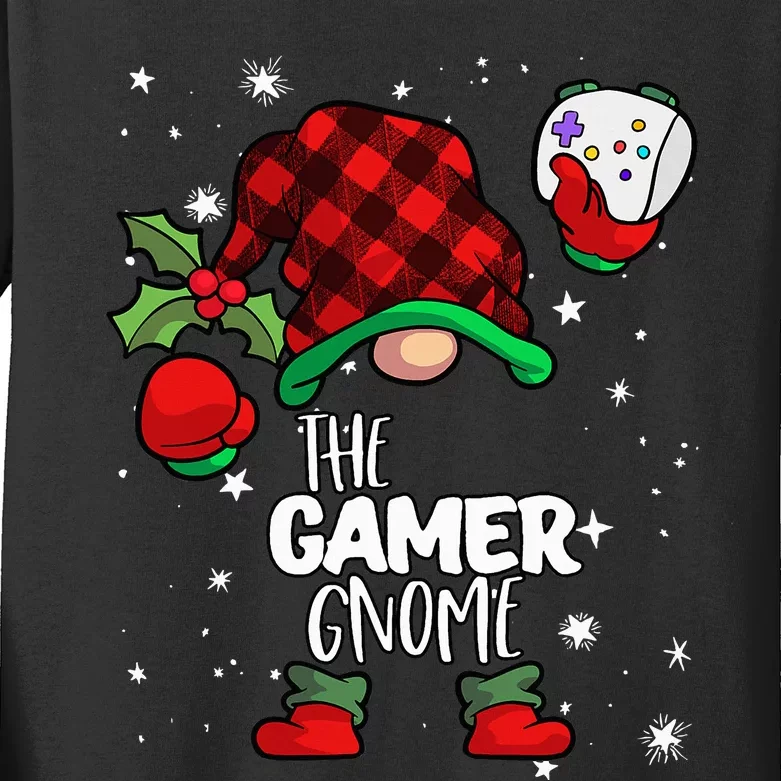 Gamer Gnome Red Buffalo Plaid Matching Family Christmas Kids Long Sleeve Shirt