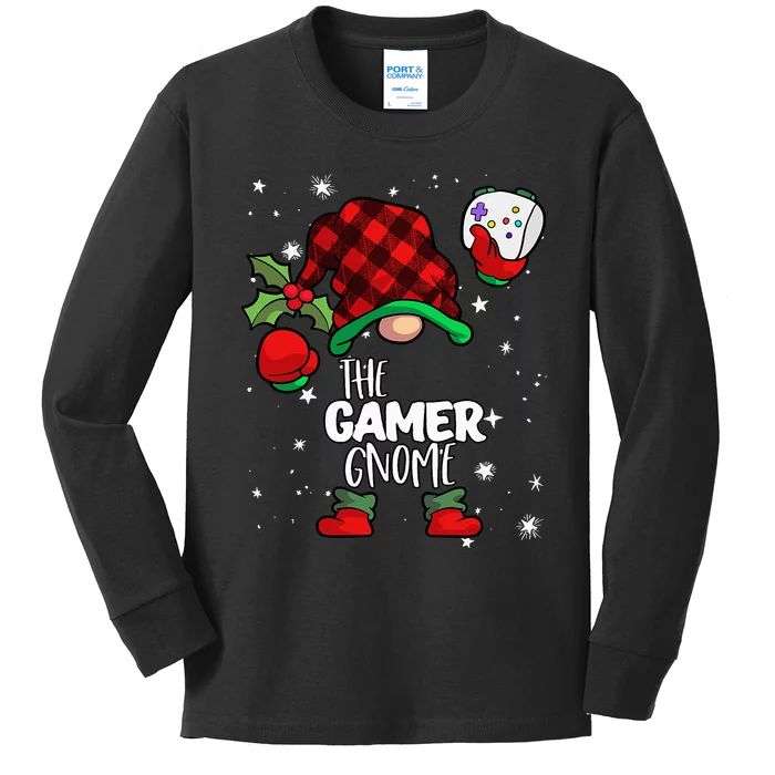 Gamer Gnome Red Buffalo Plaid Matching Family Christmas Kids Long Sleeve Shirt