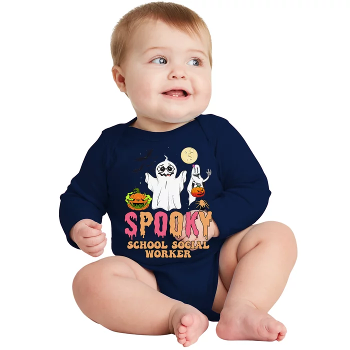 Groovy Ghost Spooky Retro School Social Worker Halloween Baby Long Sleeve Bodysuit