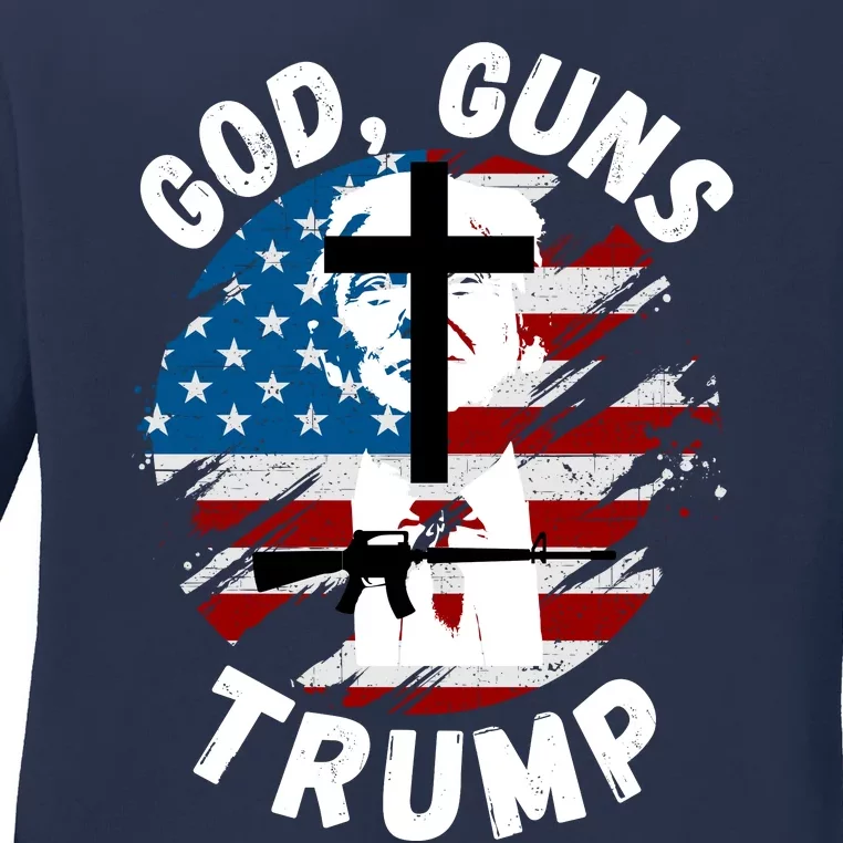 God Guns Trump, Trump 2024, 4th Of July USA Flag, Pro Trump Ladies Long Sleeve Shirt