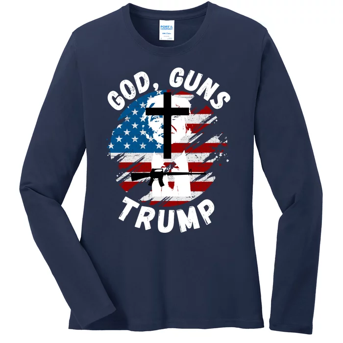 God Guns Trump, Trump 2024, 4th Of July USA Flag, Pro Trump Ladies Long Sleeve Shirt