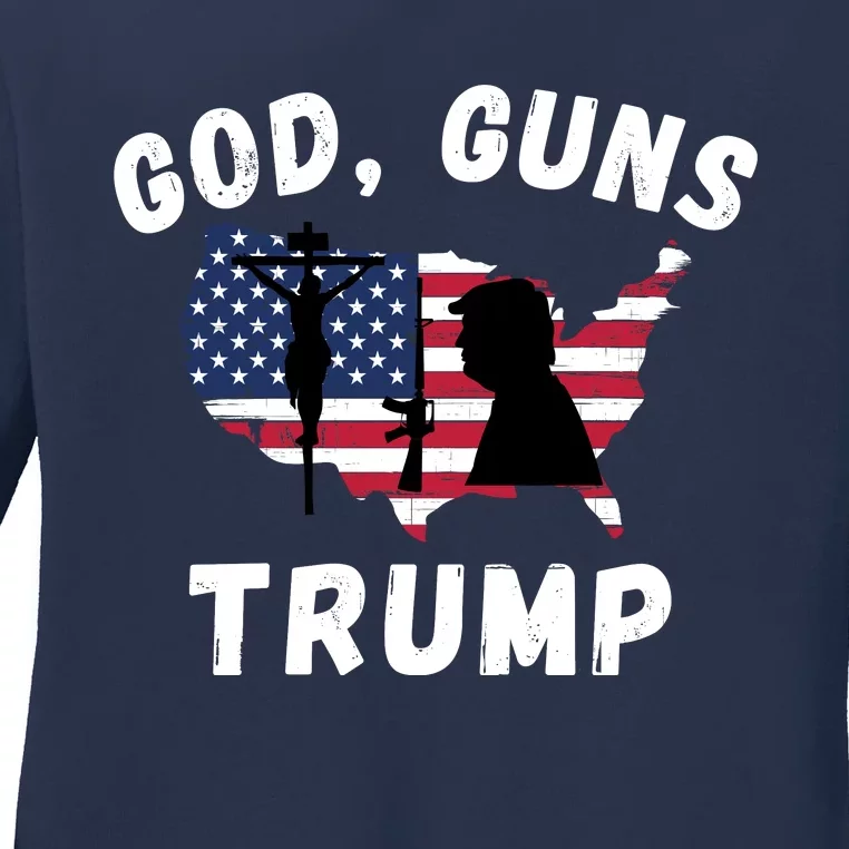 God Guns Trump, Pro Trump, Trump 2024, 4th Of July USA Flag Ladies Long Sleeve Shirt