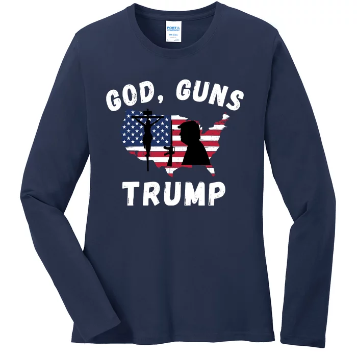 God Guns Trump, Pro Trump, Trump 2024, 4th Of July USA Flag Ladies Long Sleeve Shirt