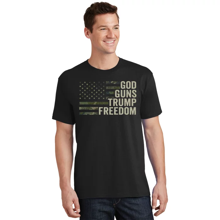 God Guns Trump Freedom Funny Camouflage Pro Gun Usa Flag T-Shirt