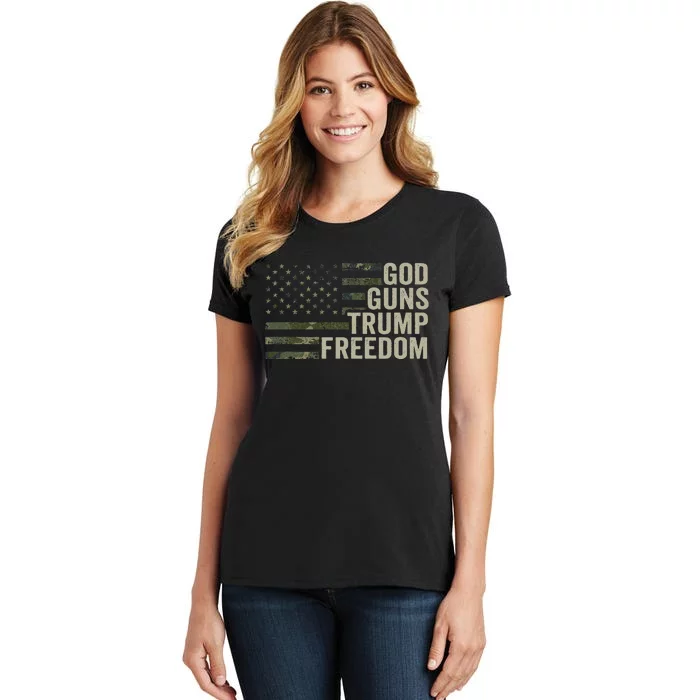 God Guns Trump Freedom Funny Camouflage Pro Gun Usa Flag Women's T-Shirt