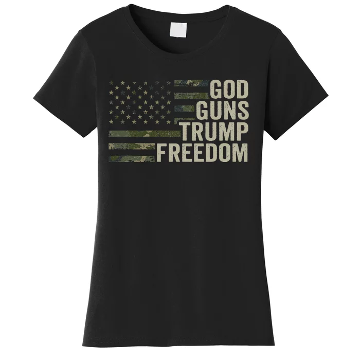 God Guns Trump Freedom Funny Camouflage Pro Gun Usa Flag Women's T-Shirt