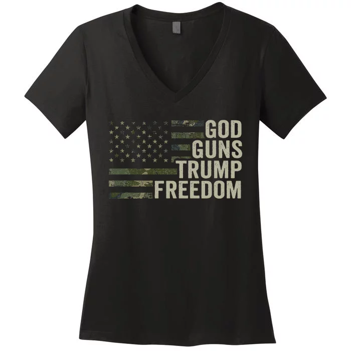 God Guns Trump Freedom Funny Camouflage Pro Gun Usa Flag Women's V-Neck T-Shirt