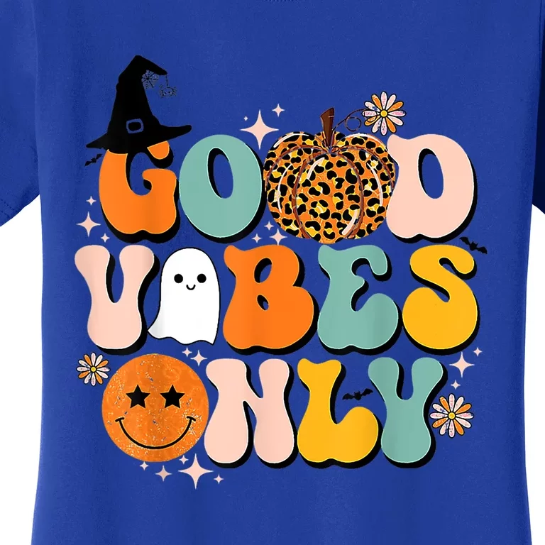 Groovy Good Vibes Only Pumpkin Ghost Spooky Season Halloween Funny Gift Women's T-Shirt