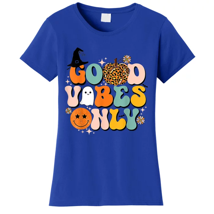 Groovy Good Vibes Only Pumpkin Ghost Spooky Season Halloween Funny Gift Women's T-Shirt
