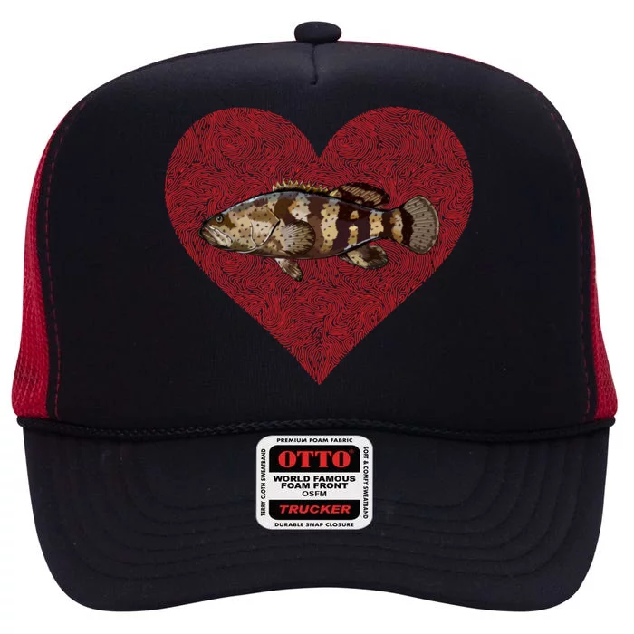 Goliath Grouper Valentines Day Fish Love Fingerprint Meaningful Gift High Crown Mesh Trucker Hat