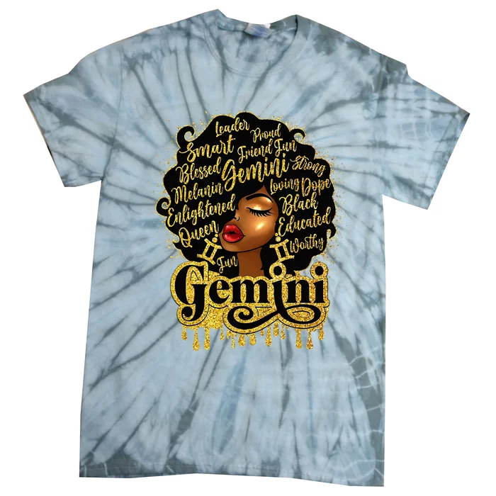 Gemini Girl Zodiac Sign Birthday Queen Afro Black Tie-Dye T-Shirt