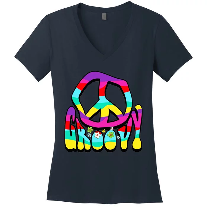 Groovy Hippie 60s 70s Peace Sign Symbol 1970s Flower Power Meaningful Women's V-Neck T-Shirt