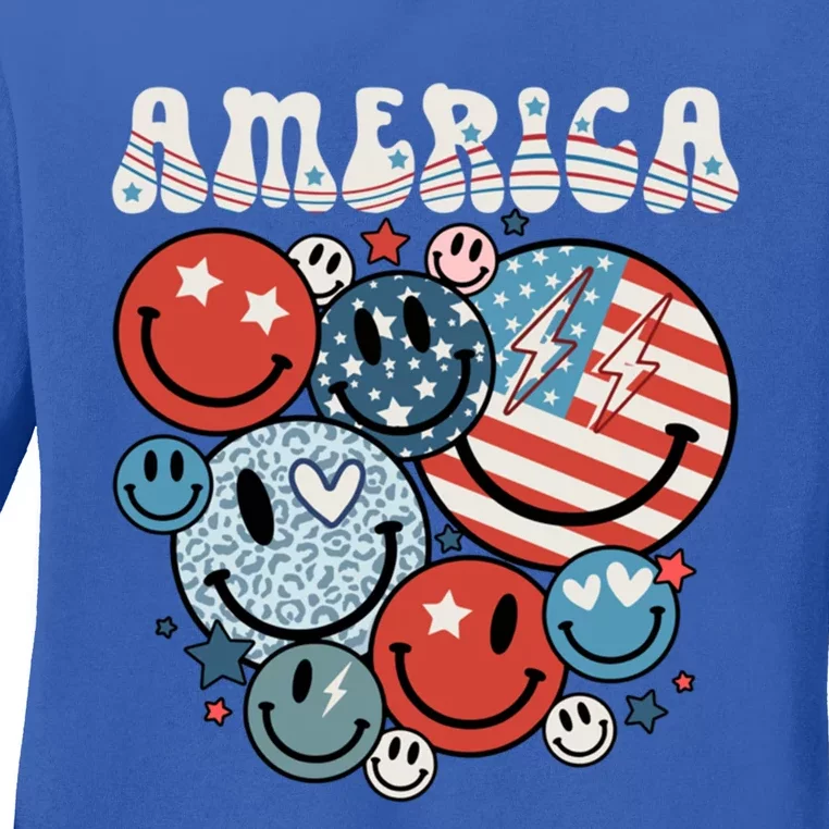 Groovy Hippie America Retro Smile Face Usa Flag 4th Of July Gift Ladies Long Sleeve Shirt