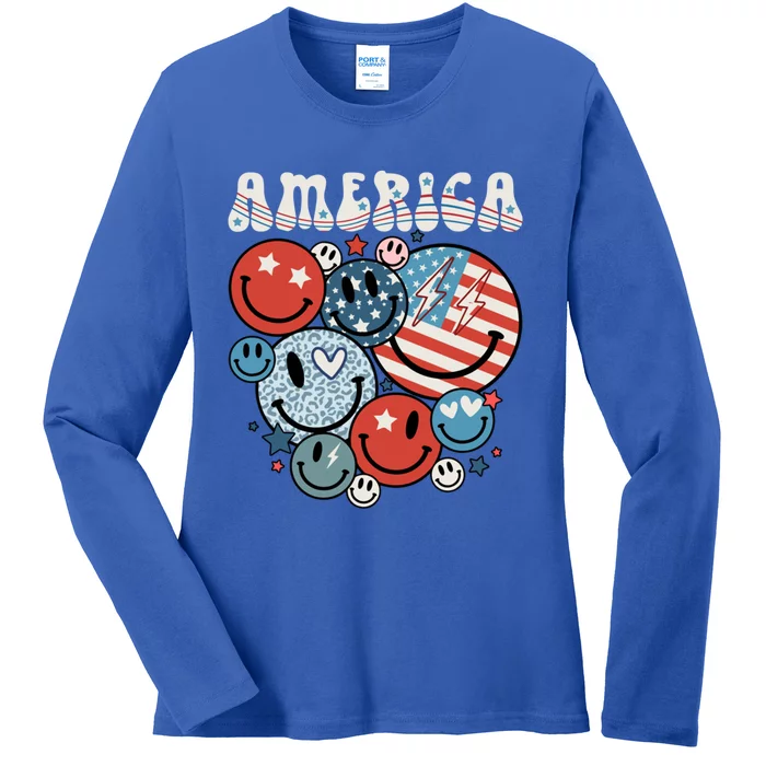 Groovy Hippie America Retro Smile Face Usa Flag 4th Of July Gift Ladies Long Sleeve Shirt