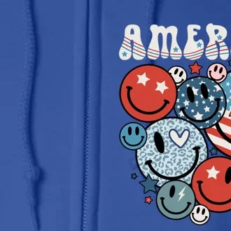 Groovy Hippie America Retro Smile Face Usa Flag 4th Of July Gift Full Zip Hoodie