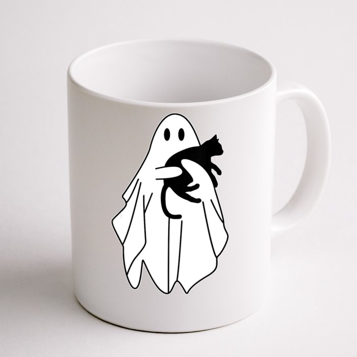 Ghost Holding A Black Cat Lazy Halloween Lover Front & Back Coffee Mug