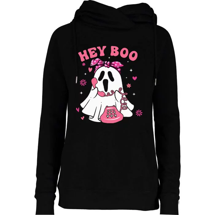 Groovy Hey Boo Cute Ghost Funny Halloween Womens Funnel Neck Pullover Hood