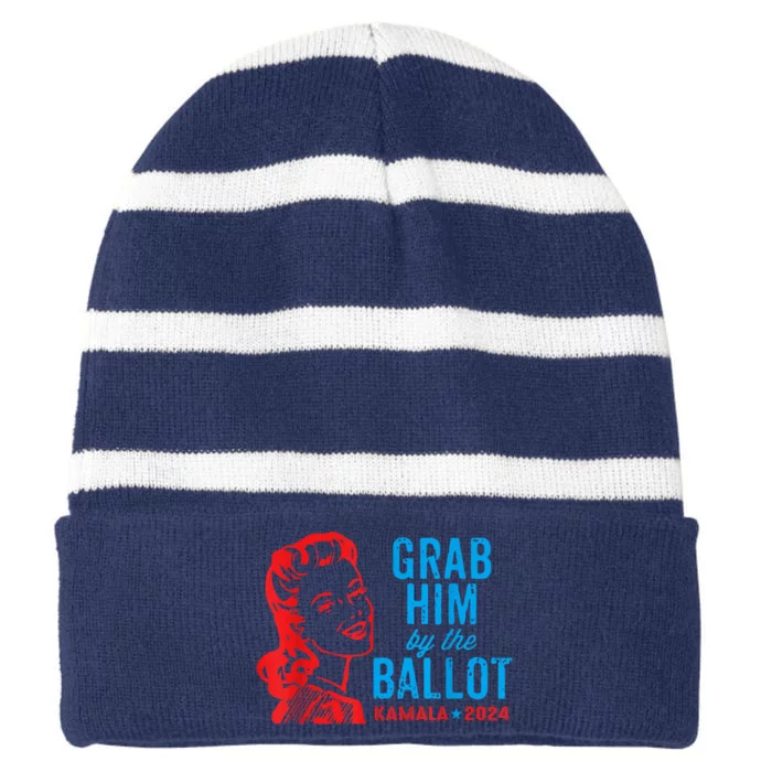 Grab Him By The Ballot Kamala 2024 Funny Harris Election Striped Beanie with Solid Band