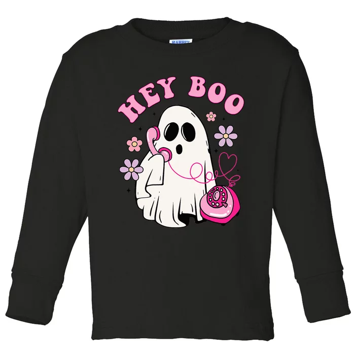 Groovy Hey Boo Cute Ghost Funny Halloween Girls Kids Toddler Long Sleeve Shirt