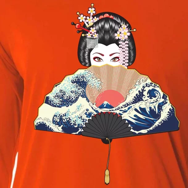 Geisha Hiding Behind Fan Wave Retro Japanese Art Graphic Cooling Performance Long Sleeve Crew