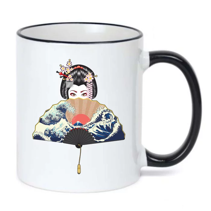 Geisha Hiding Behind Fan Wave Retro Japanese Art Graphic Black Color Changing Mug