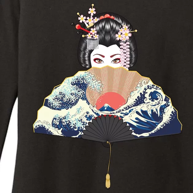 Geisha Hiding Behind Fan Wave Retro Japanese Art Graphic Womens CVC Long Sleeve Shirt