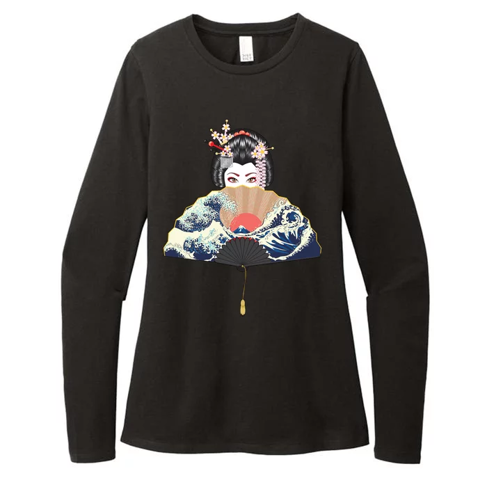 Geisha Hiding Behind Fan Wave Retro Japanese Art Graphic Womens CVC Long Sleeve Shirt