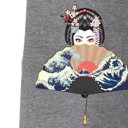 Geisha Hiding Behind Fan Wave Retro Japanese Art Graphic Doggie 3-End Fleece Hoodie