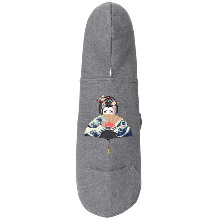 Geisha Hiding Behind Fan Wave Retro Japanese Art Graphic Doggie 3-End Fleece Hoodie