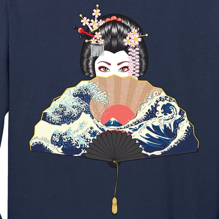 Geisha Hiding Behind Fan Wave Retro Japanese Art Graphic Tall Long Sleeve T-Shirt