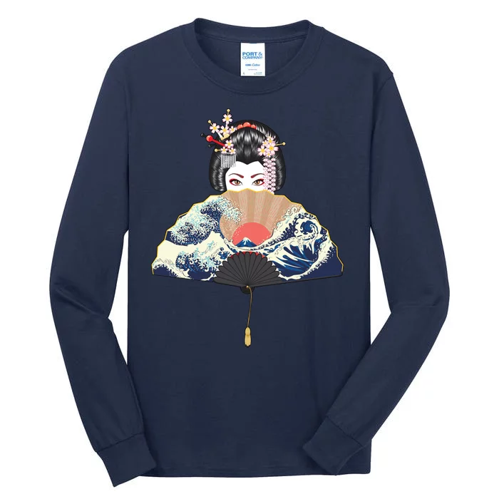 Geisha Hiding Behind Fan Wave Retro Japanese Art Graphic Tall Long Sleeve T-Shirt