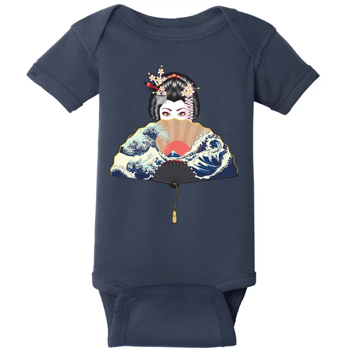 Geisha Hiding Behind Fan Wave Retro Japanese Art Graphic Baby Bodysuit