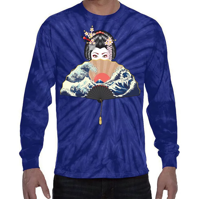 Geisha Hiding Behind Fan Wave Retro Japanese Art Graphic Tie-Dye Long Sleeve Shirt