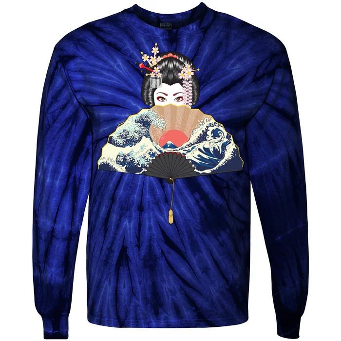 Geisha Hiding Behind Fan Wave Retro Japanese Art Graphic Tie-Dye Long Sleeve Shirt