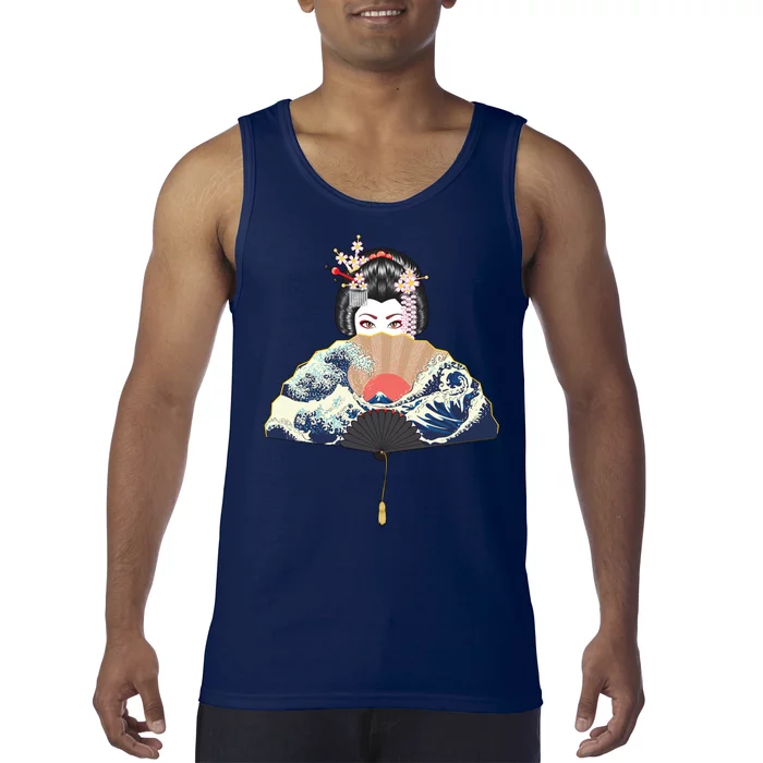 Geisha Hiding Behind Fan Wave Retro Japanese Art Graphic Tank Top