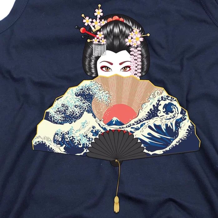 Geisha Hiding Behind Fan Wave Retro Japanese Art Graphic Tank Top