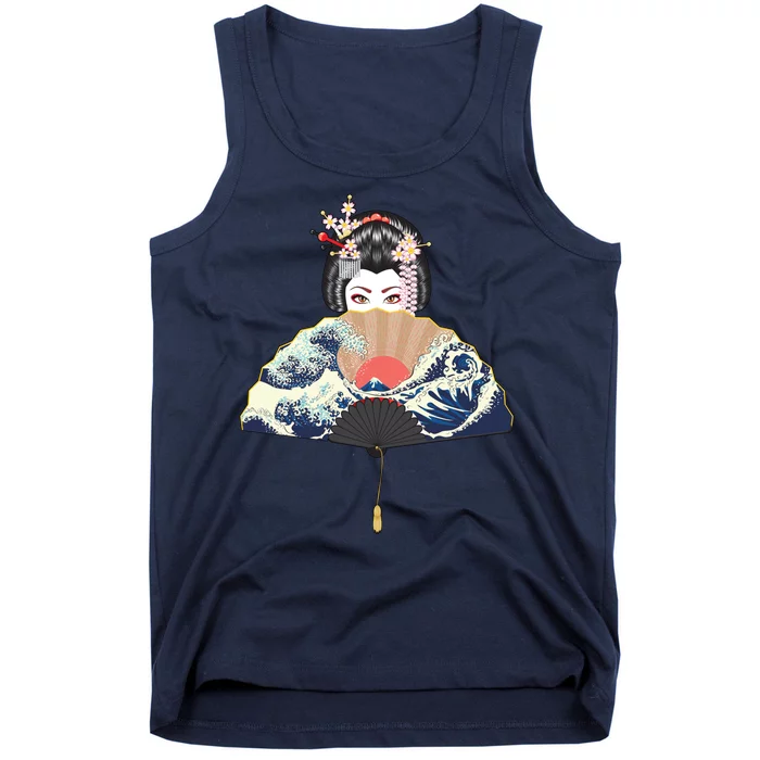 Geisha Hiding Behind Fan Wave Retro Japanese Art Graphic Tank Top